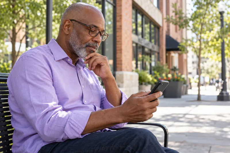 A visitor checking an address on a phone outside an unbranded mixed-use brick building