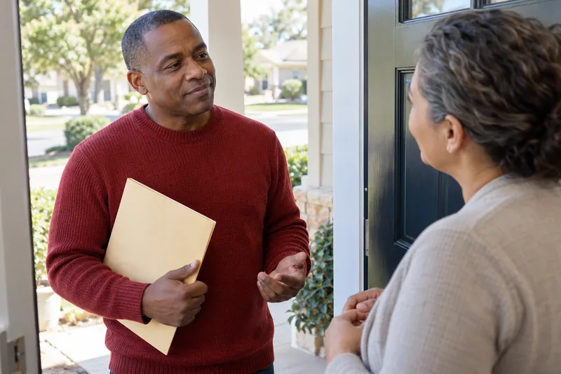 A visitor talking with a companion at a home doorway before leaving with a document envelope
