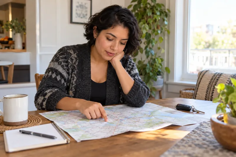 A visitor planning a trip using a town map at a kitchen table, with a car key nearby