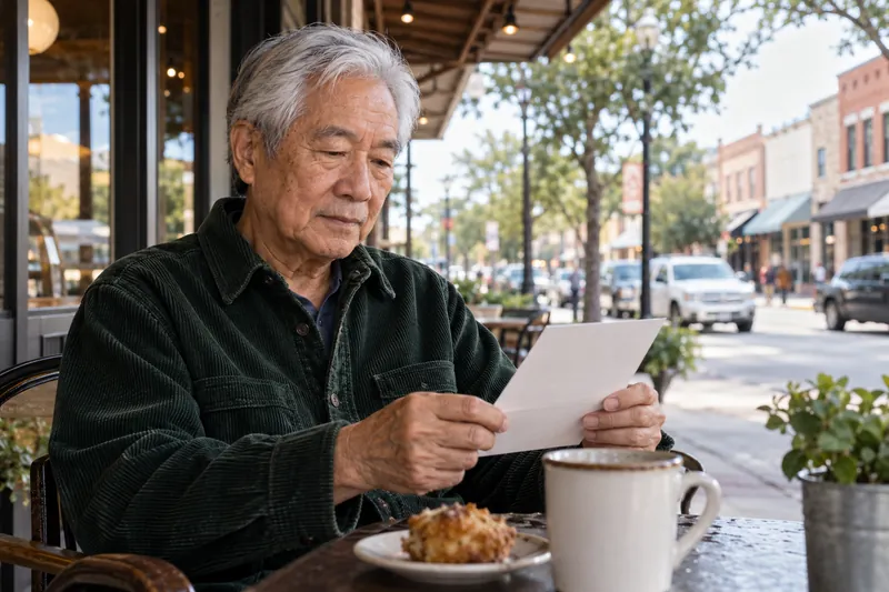 A visitor reading an appointment reminder by a cafe window overlooking an ordinary main street