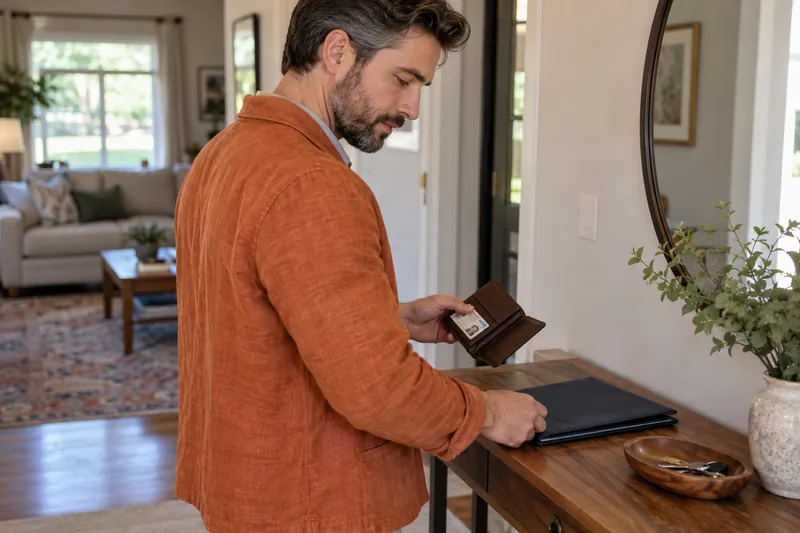 A visitor preparing an ID wallet and closed paperwork folder at a hallway console before going out