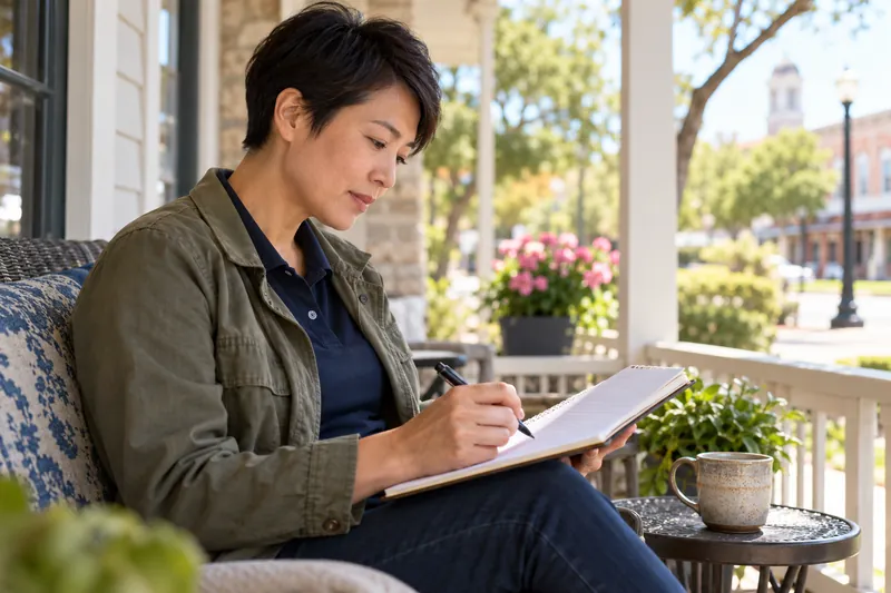 A visitor checking a local opening-hours note in a notebook on a sunny front porch