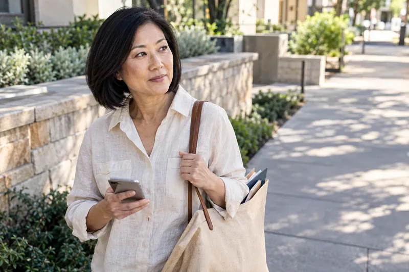 A visitor taking a pause on a pedestrian walkway with a document tote and phone in hand