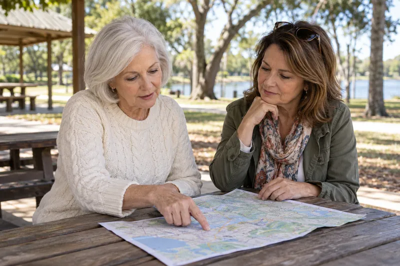 A visitor reviewing a map with a friend at a picnic table in a small public park