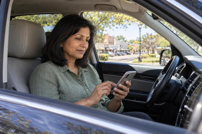 A visitor sitting in a parked car checking a phone route before setting off, car stationary