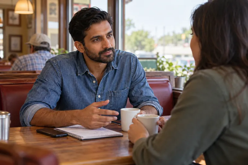 A visitor discussing a local errand over coffee in a modest neighborhood diner