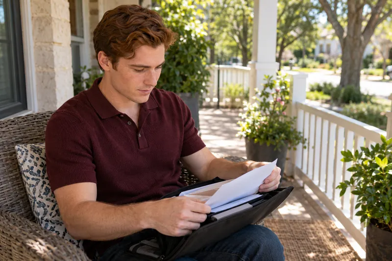 A visitor looking through a document pouch on a home porch before a planned appointment