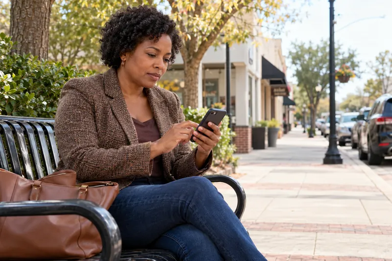 A visitor checking directions on a phone beside a small-town sidewalk bench, preparing for an appointment