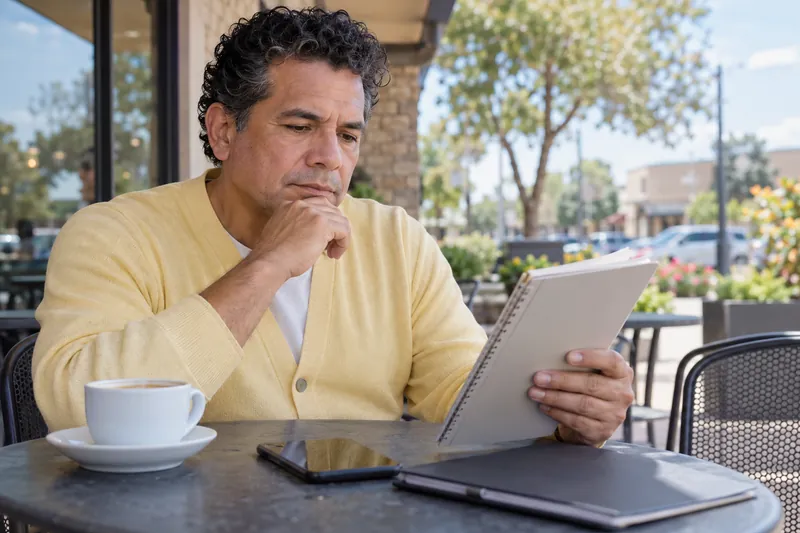 A visitor reviewing an appointment note at an outdoor cafe table before a local office visit