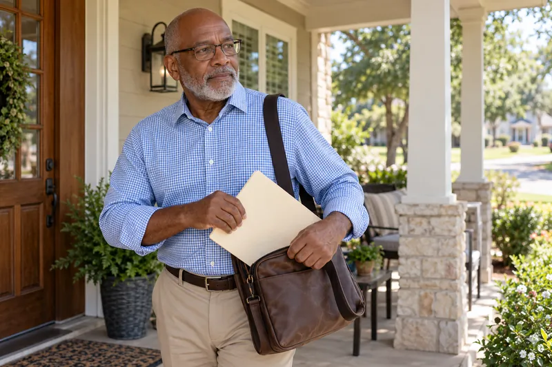 A visitor putting an unbranded document folder into a shoulder bag on a covered porch before going out