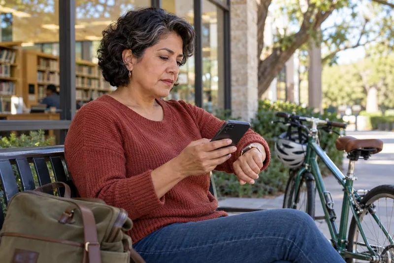 A visitor checking a watch and a phone beside a parked bicycle before a daytime appointment