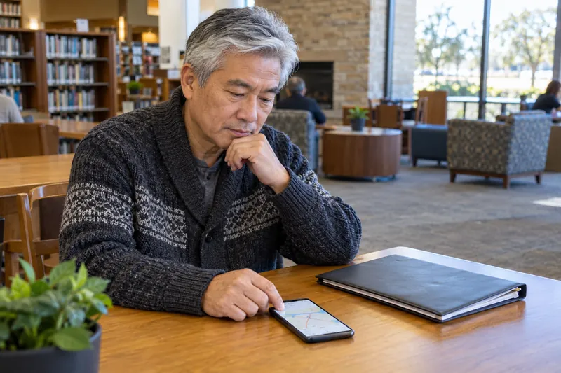 A visitor sitting at a public-library table with a phone map and a closed document folder