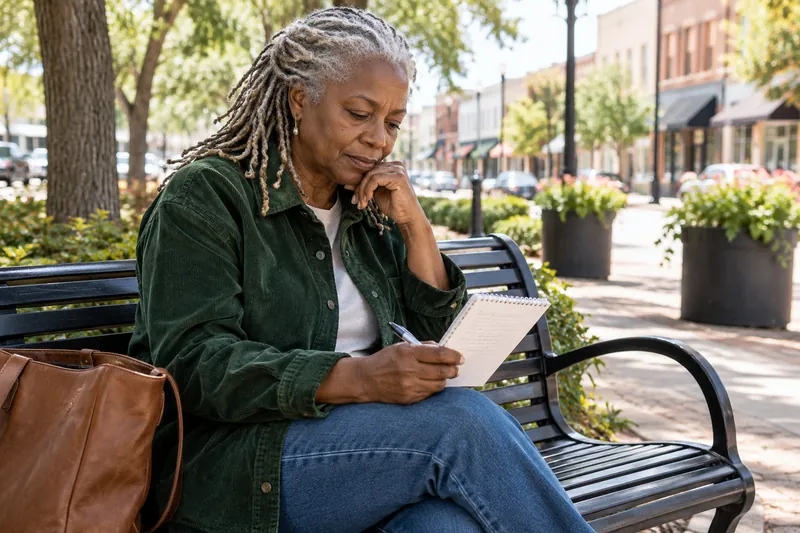A visitor reviewing a short handwritten checklist on a park bench near a town shopping street