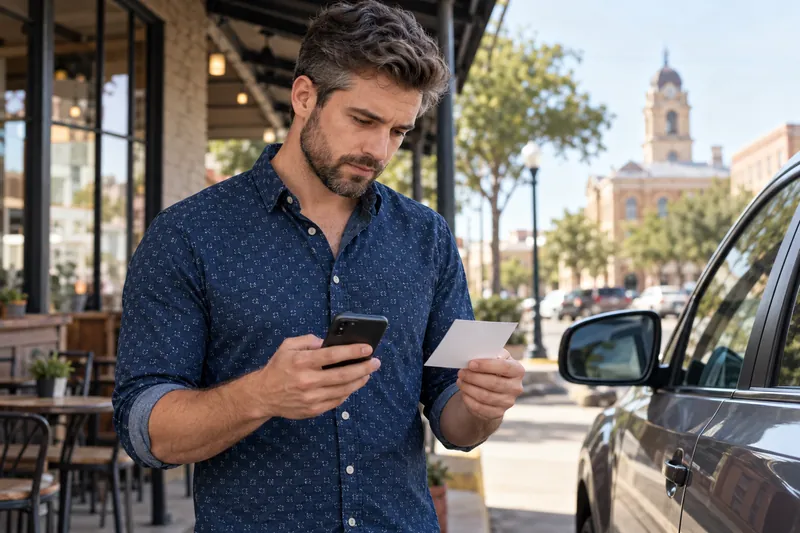 A visitor standing beside a parked car, comparing a blank appointment card with phone directions