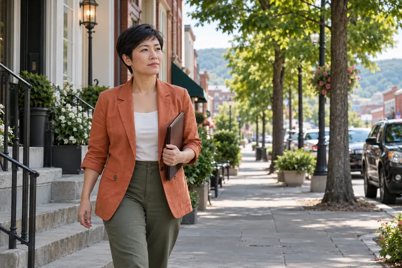 A visitor arriving on foot along a tree-lined neighborhood commercial street, carrying a slim folder