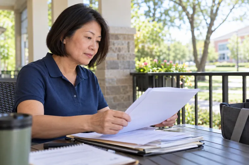 A visitor sitting on a shaded community-center veranda, organizing documents before a local visit