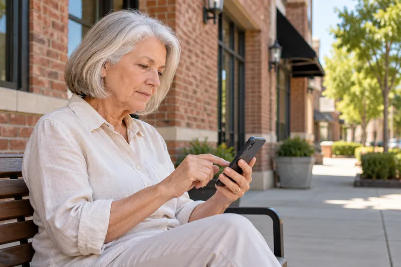 A visitor checking an address on a phone outside an unbranded mixed-use brick building