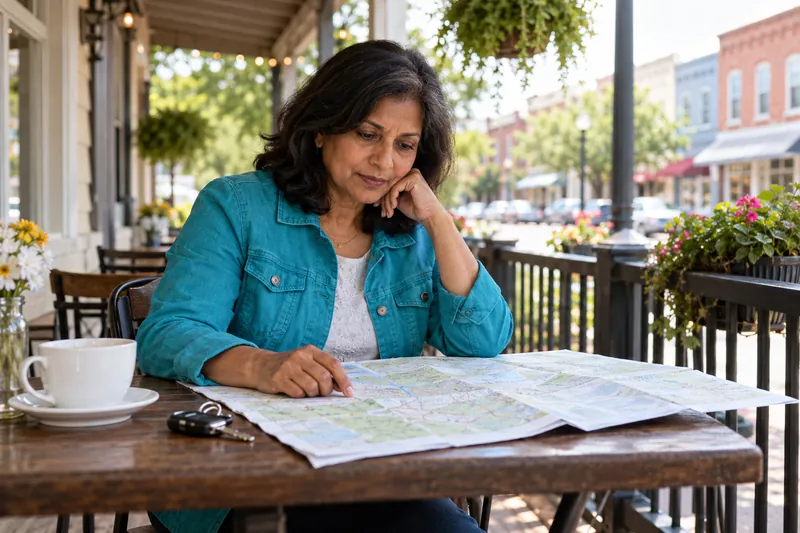 A visitor planning a trip using a town map at a kitchen table, with a car key nearby