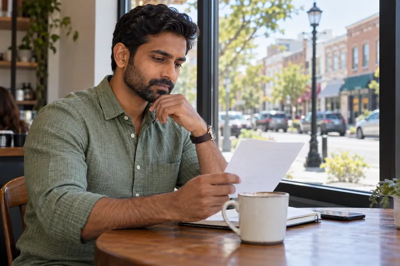 A visitor reading an appointment reminder by a cafe window overlooking an ordinary main street
