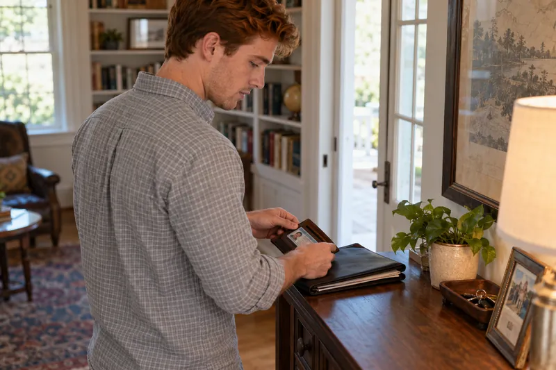 A visitor preparing an ID wallet and closed paperwork folder at a hallway console before going out