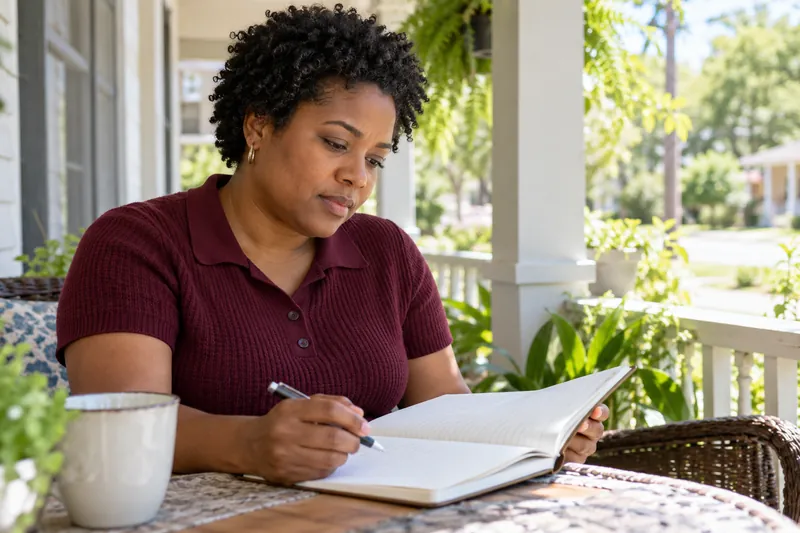 A visitor checking a local opening-hours note in a notebook on a sunny front porch