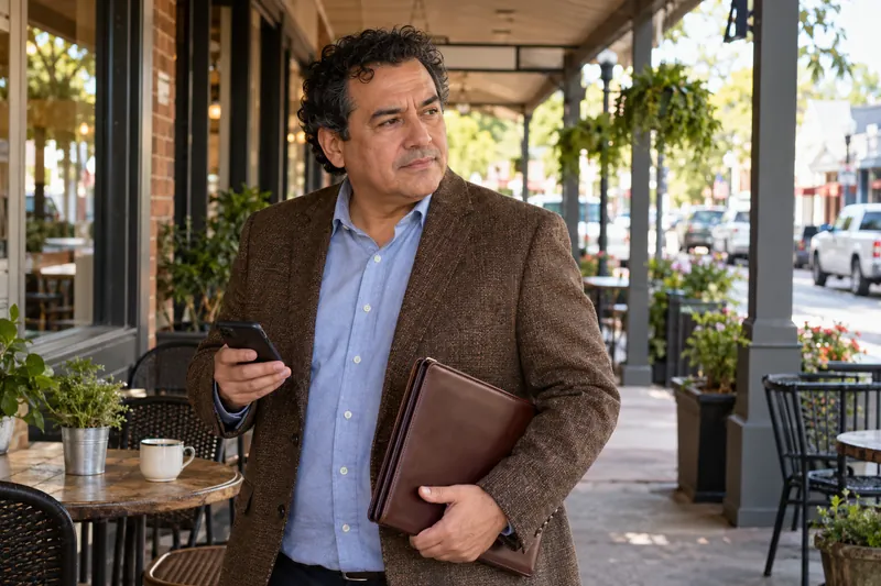 A visitor taking a pause on a pedestrian walkway with a document tote and phone in hand