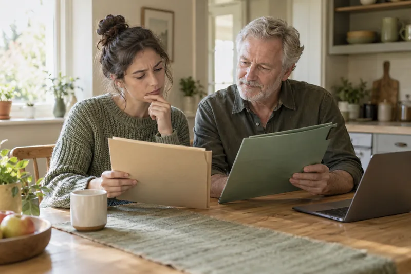 Two people comparing documents at home