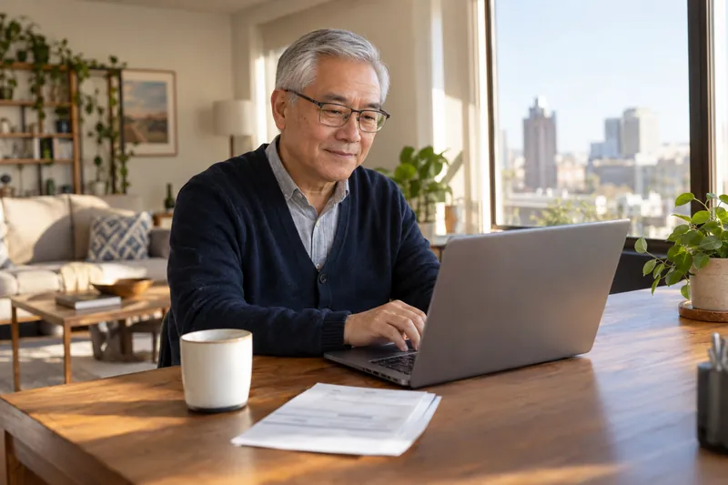 A silver-haired man using a laptop for account access