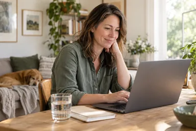 A person using a laptop for account paperwork