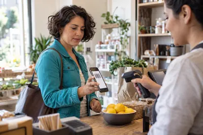 A person preparing a payment at a retail checkout