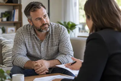 A borrower discussing payment difficulties with an advisor