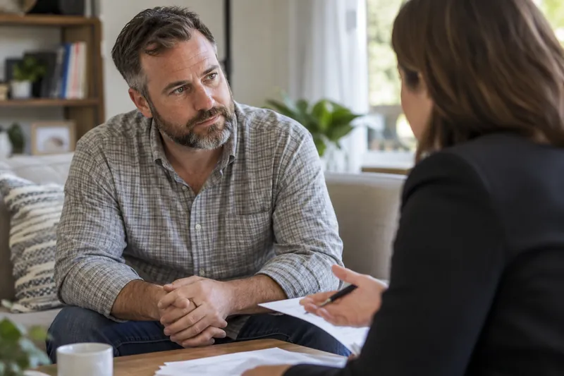 A borrower discussing payment difficulties with an advisor