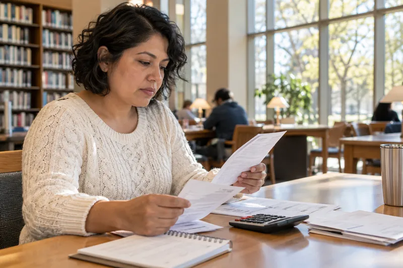 A person comparing household bills and loan costs