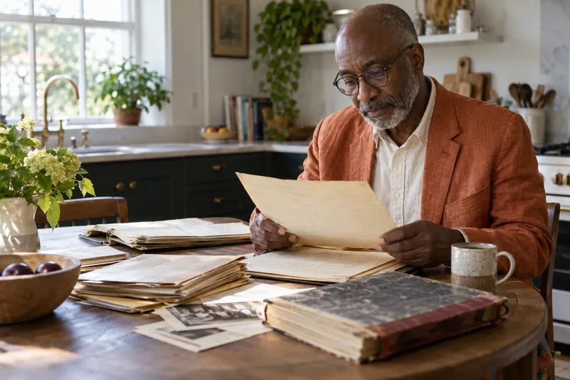 A researcher reviewing historical company documents