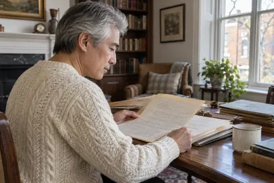 A researcher reviewing historical company documents
