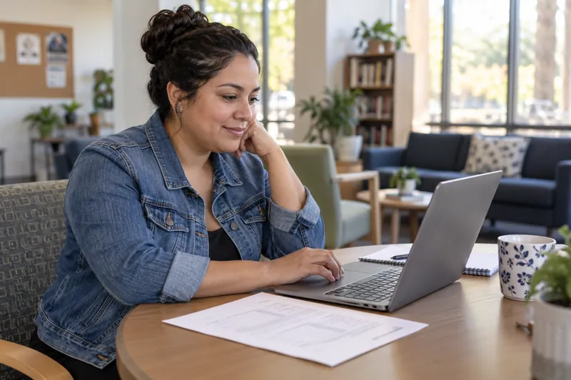 A person using a laptop for account paperwork