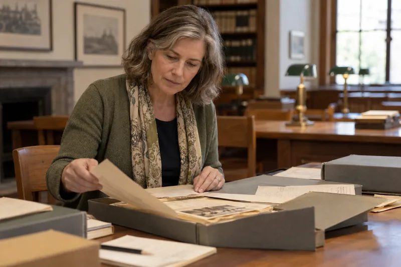 A researcher reviewing historical company documents