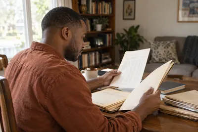 A researcher reviewing historical company documents