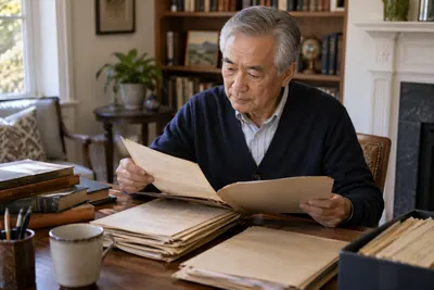 A researcher reviewing historical company documents