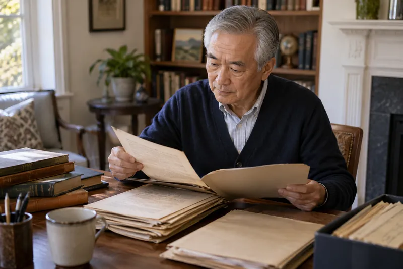 A researcher reviewing historical company documents