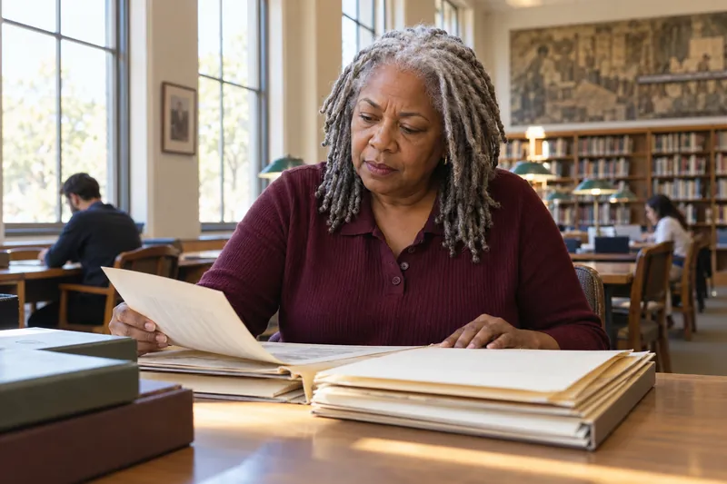 A researcher reviewing historical company documents