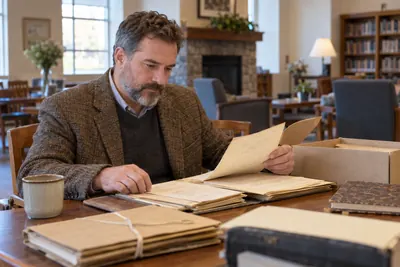 A researcher reviewing historical company documents