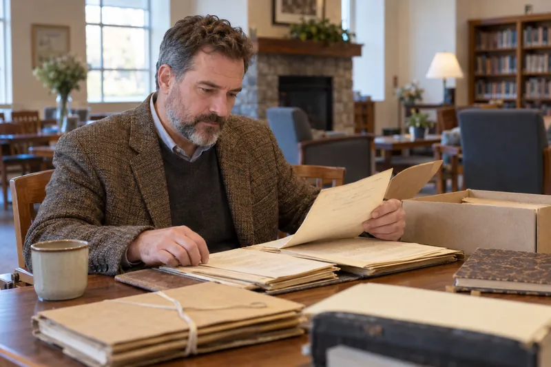 A researcher reviewing historical company documents