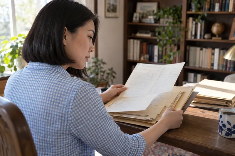 A researcher reviewing historical company documents