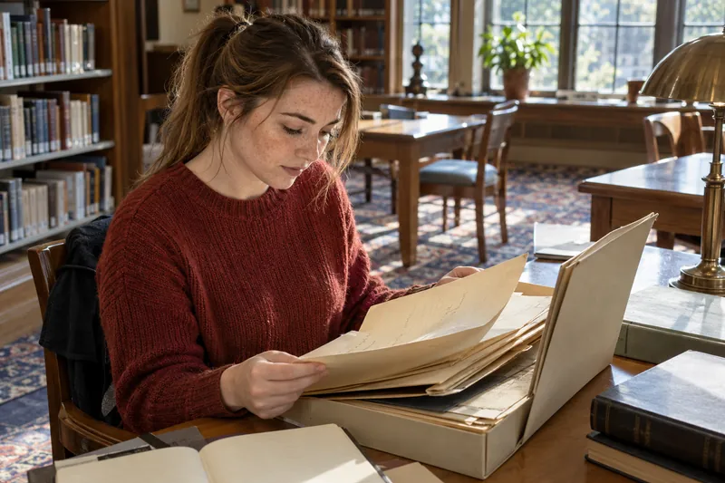 A researcher reviewing historical company documents