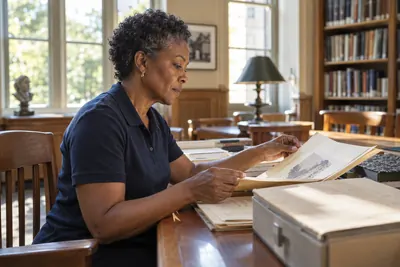 A researcher reviewing historical company documents