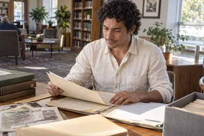 A researcher reviewing historical company documents
