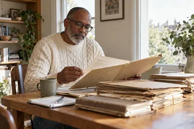 A researcher reviewing historical company documents