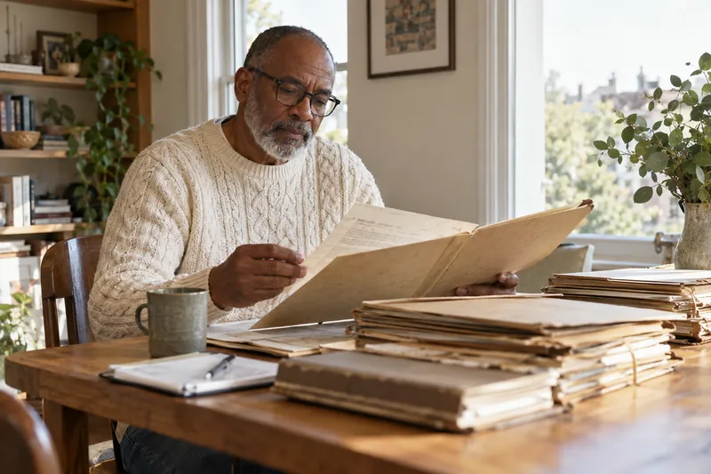 A researcher reviewing historical company documents