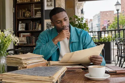 A researcher reviewing historical company documents